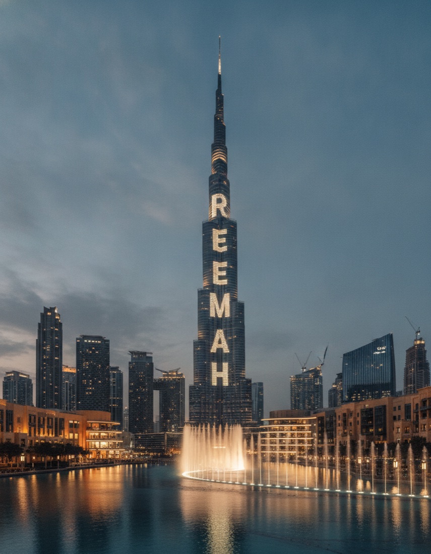 Downtown Dubai at blue hour, the Burj Khalifa lit with REEMAH above the Dubai Fountain mid show